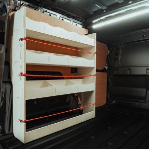 Rear van side angle view of the Ford Transit Connect LWB 2024- NS Rear Multi-Compartment Van Racking