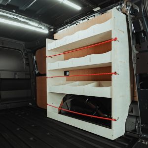 Rear van side angle view of the Transit Connect LWB 2024- OS Rear Multi-Compartment Van Racking
