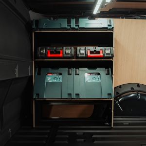 Side van view of the Ford Transit Connect LWB 2024- OS Front Hexaboard Toolbox Van Racking displayed with makita and milwaukee tools

