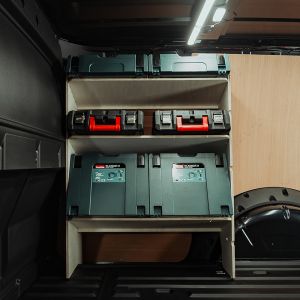 Side van view of the Ford Transit Connect LWB 2024- OS Front Racking with x3 Angled Toolbox Shelves displaying makita and milwaukee tools