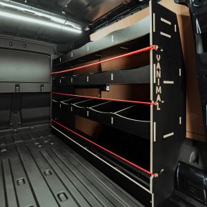 Rear van side angle view of the Ford Transit Connect LWB 2024- OS Full Driver-Side Hexaboard Van Racking
