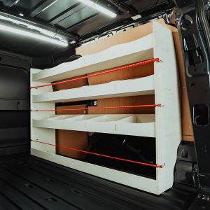 Rear van side angle view of the Ford Transit Connect LWB 2024- OS Full Length Driver-Side Van Racking
