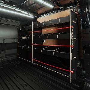 Rear van side angle view of the Ford Transit Connect LWB 2024- Hexaboard Driver-Side Compartment Van Racking
