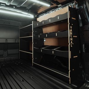 Rear van side angle view of the Ford Transit Connect LWB 2024- Hexaboard Driver-Side Racking x3 Toolbox Shelves
