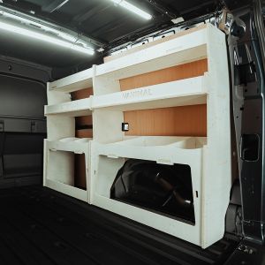 Rear van side angle view of the Ford Transit Connect LWB 2024- Driver Side Ulti-Rack Van Racking V4
