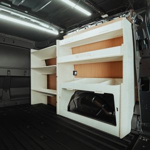 Rear van side angle view of the Ford Transit Connect LWB 2024- Driver-Side Van Shelving inc Rear Ulti-Rack V2