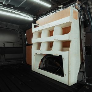 Rear van side angle view of the Ford Transit Connect LWB 2024- OS Rear Ulti-Rack Van Racking
