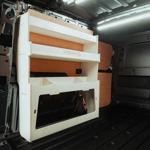 Rear van side angle view of the Ford Transit Connect LWB 2024- NS Rear Ulti-Rack Van Racking V2
