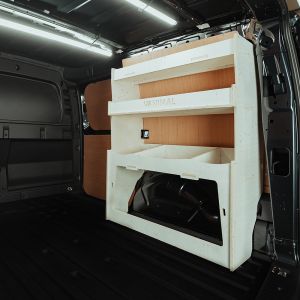 Rear van side angle view of the Ford Transit Connect LWB 2024- OS Rear Ulti-Rack Van Racking V2
