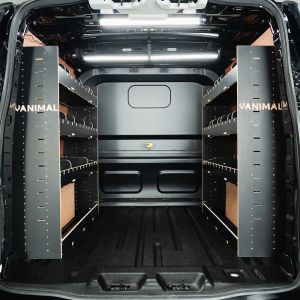 Rear van view of the Ford Transit Custom 2024- SWB Crew Cab Adjustable Double Hexaboard Van Racking