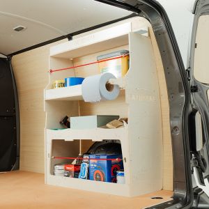 Rear side angle view of the Vauxhall Vivaro C 2019- Rear Ulti-Rack Van Racking V2 displaying equipment, tools and boxes