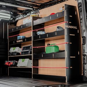 Rear van side angle view of the Peugeot Expert 2016- LWB Hexaboard Driver Side Racking inc x2 Toolbox Shelves