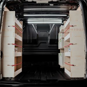 Rear van view of the Nissan Primastar 2001-2014 LWB Double Rear and Front Festool Ply Racking (Triple Pack)