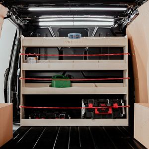 Rear van view of the VW Transporter T5 T5.1 Full-Width Bulkhead Ply Racking and Shelving