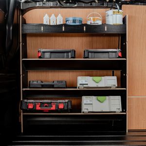 Side van view of the VW Transporter T6 T6.1 Hexaboard Front Toolbox Racking with 3+1 Shelving