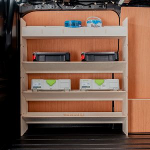Side van view of the VW Transporter T6 T6.1 SWB Front 3+1 Toolbox Ply Shelving Racking