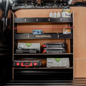 Side van view of the VW Transporter T6 T6.1 Hexaboard Front Toolbox Racking with 2+2 Shelving