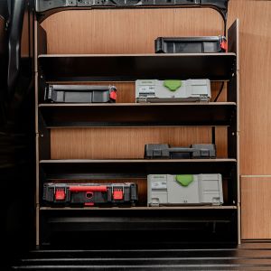 Rear van view of the Fiat Talento 2016-2021 Hexaboard Front Toolbox Van Racking with x4 Shelves