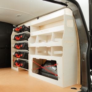 Rear van side angle view of the Fiat Talento 2016-2021 Driver Side Ulti-Rack Van Racking V4 displaying milwaukee tools
