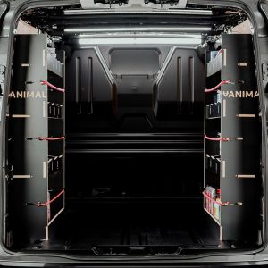 Rear van view of the Renault Trafic 2014- LWB Hexaboard NS and OS Double Rear Racking (Pair)