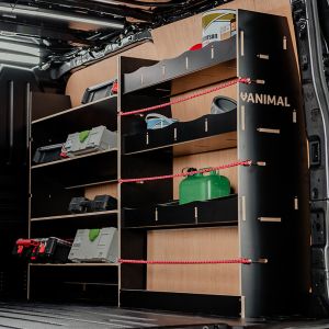 Rear van side angle view of the Renault Trafic 2014- LWB Hexaboard Full Driver Side Ply Racking with Front Toolbox Shelving