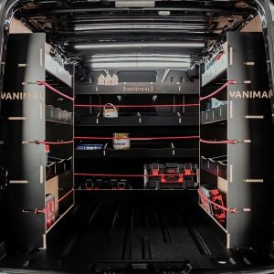 Rear van view of the Vauxhall Vivaro B L2 Hexaboard Double Rear and Full-Width Bulkhead Ply Racking Units