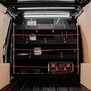 Rear van view of the Vauxhall Vivaro B L1 L2 Hexaboard Full-Width Bulkhead Racking Unit