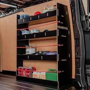 Rear van side angle view of the Vauxhall Vivaro C 2019- SWB Hexaboard OS Rear Racking and Shelving Unit