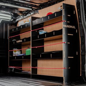 Rear van side angle view of the Vauxhall Vivaro C 2019- LWB Hexaboard Driver Side Racking (Multi-Compartment)