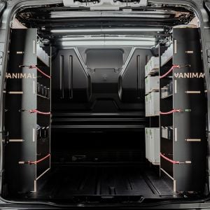 Rear van view of the Vauxhall Vivaro C 2019- LWB Hexaboard Triple Ply Van Racking Pack inc x4 Festool Shelves