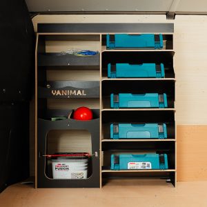 Side van view of the Renault Trafic 2014- Hexaboard Front Ulti-Rack Van Racking V2 displaying equipment, tools and boxes