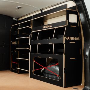 Rear side angle view of the Vauxhall Vivaro B 2014-2019 Hexaboard Driver Side Ulti-Rack Van Racking V4