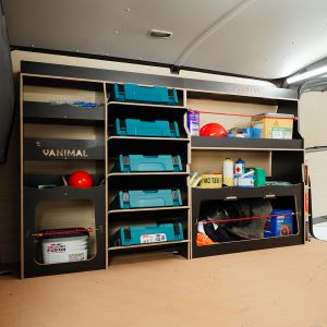 Side van angle view of the Peugeot Expert 2016- Hexaboard Driver Side Ulti-Rack Van Racking V2 displaying equipment, makita tools and boxes