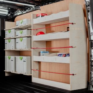 Rear van side angle view of the Vauxhall Vivaro C 2019- LWB Full Driver Side Ply Racking with Front Festool Shelving